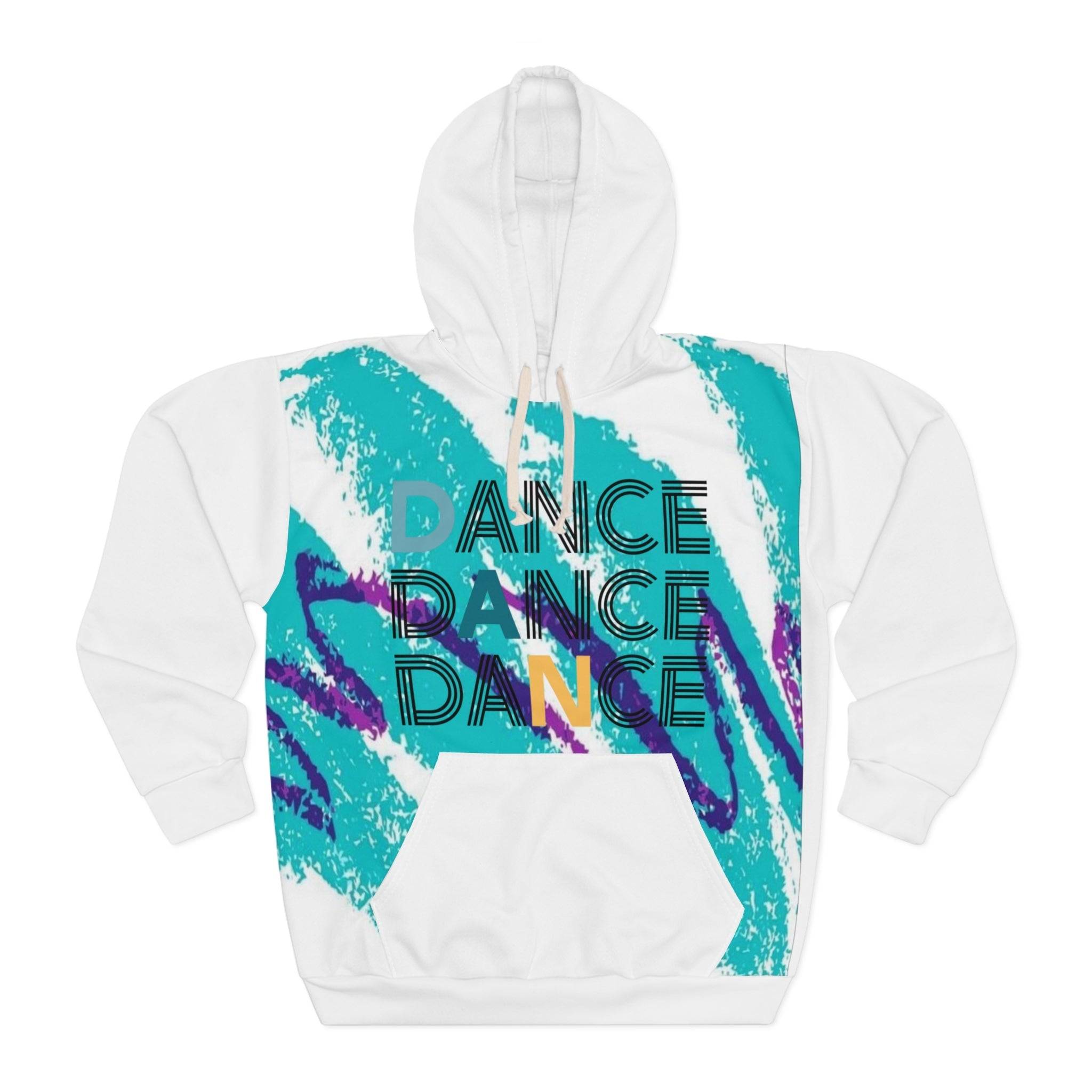 Close-up of white hoodie with vibrant blue, purple, and teal paint splatter pattern and the word 'DANCE' printed in black, worn by a male model with earrings and tattoos.