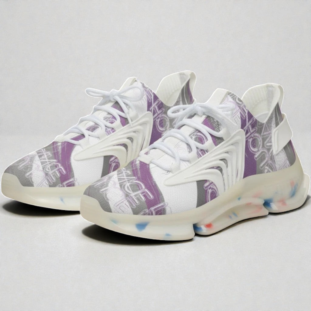 MONROE STORE zapatillas deportivas blancas con estampado abstracto morado y gris, suela de EVA con detalles de colores.