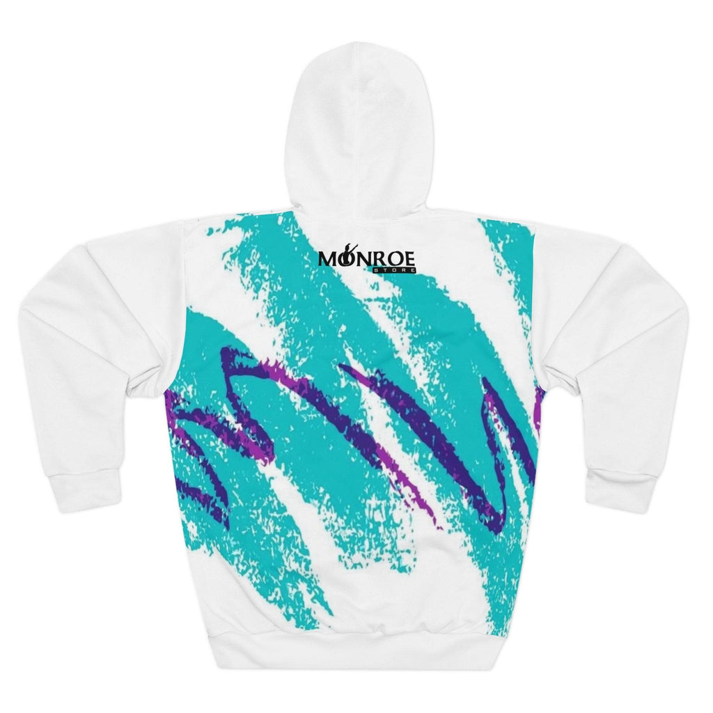 White hoodie with colorful abstract paint splatter and 'DANCE' text, front view with a male model wearing a black bucket hat, earrings, and layered necklaces.