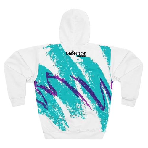 White hoodie with colorful abstract paint splatter and 'DANCE' text, front view with a male model wearing a black bucket hat, earrings, and layered necklaces.