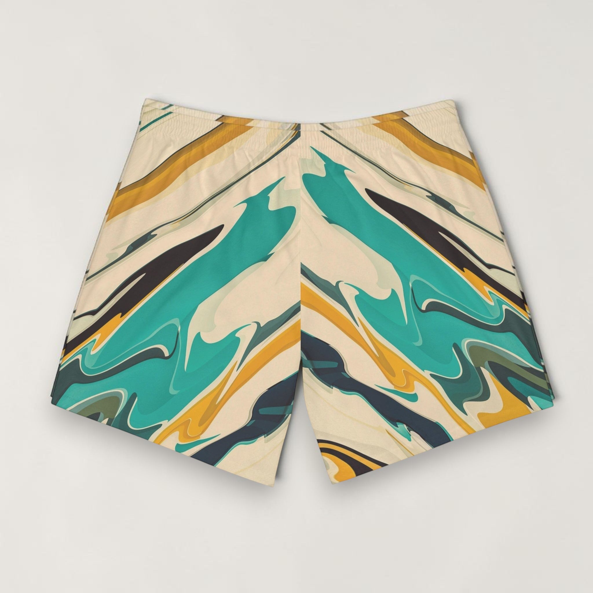Pantalones cortos de playa vibrantes con estampado abstracto en tonos turquesa, beige, negro y amarillo, hechos de tela ligera y elástica, ideales para verano y vacaciones - SKU: 45611042945983742801
