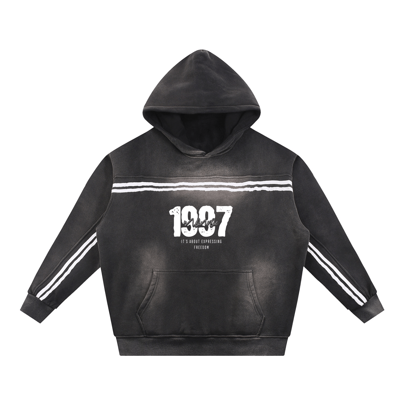Sudadera con capucha negra con diseño de graffiti, detalles de rayas blancas en las mangas, estilo casual y moderno para ropa deportiva y callejera.