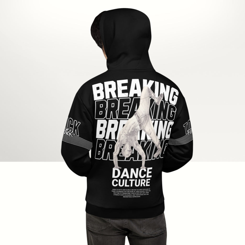 MONROE STORE black unisex bboy hoodie with 'BREAKING DANCE CULTURE' graphic print and a breakdancer graphic.