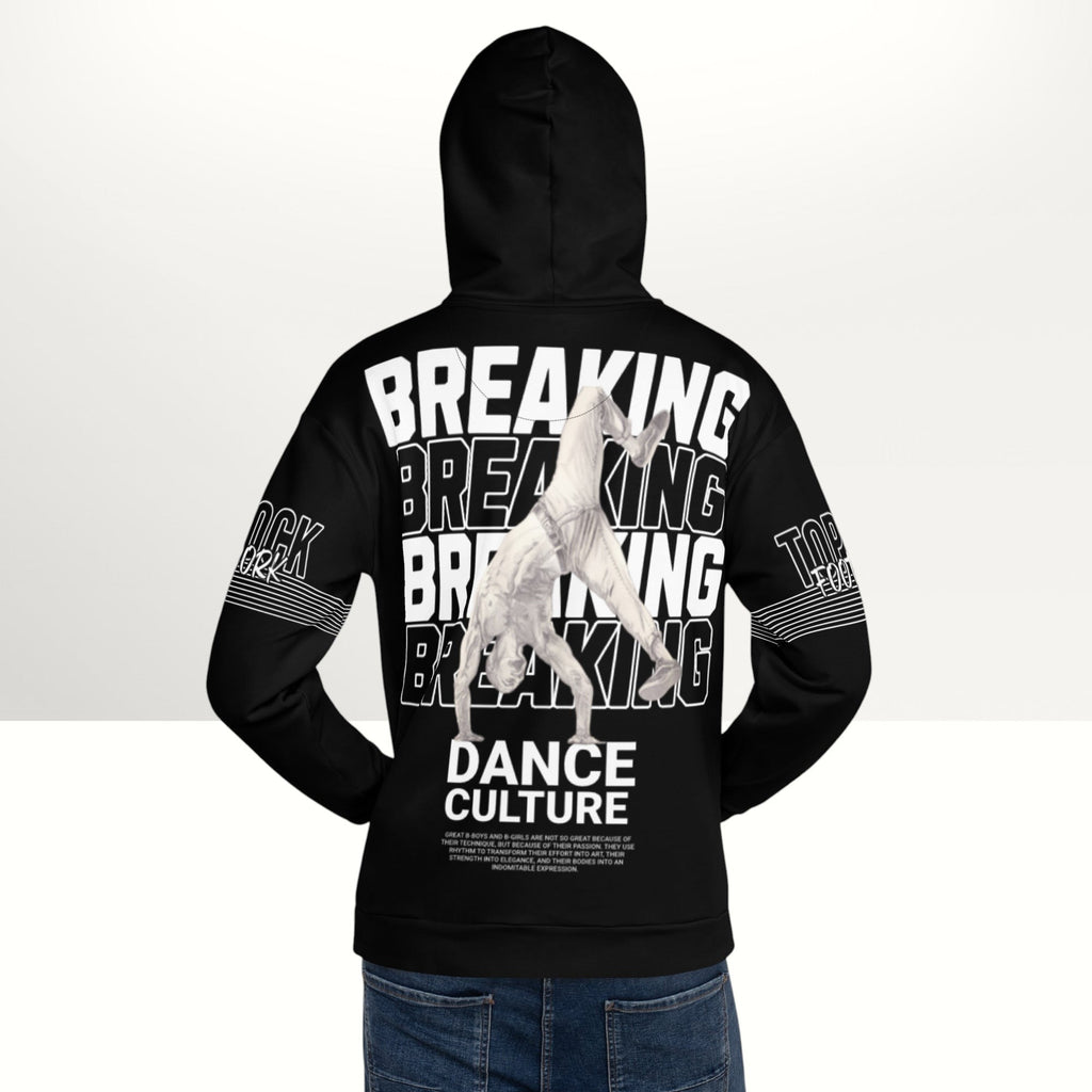 MONROE STORE black unisex hoodie with 'BREAKING DANCE CULTURE' graphic and b-boy doing a handstand.