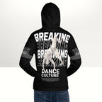 MONROE STORE black unisex hoodie with 'BREAKING DANCE CULTURE' graphic and b-boy doing a handstand.