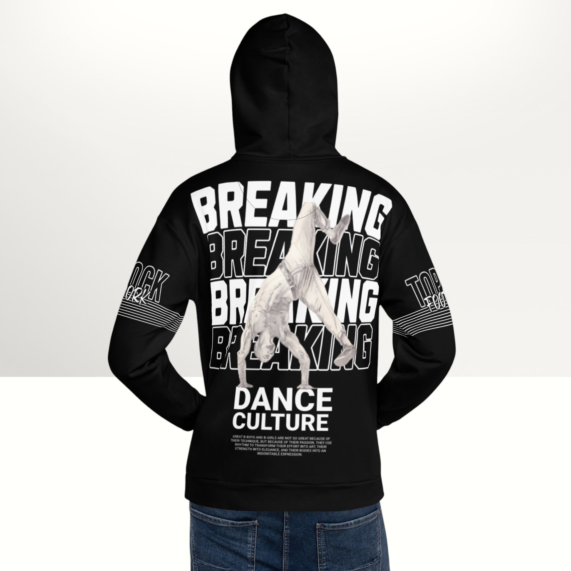 MONROE STORE black unisex hoodie with 'BREAKING DANCE CULTURE' graphic and b-boy doing a handstand.