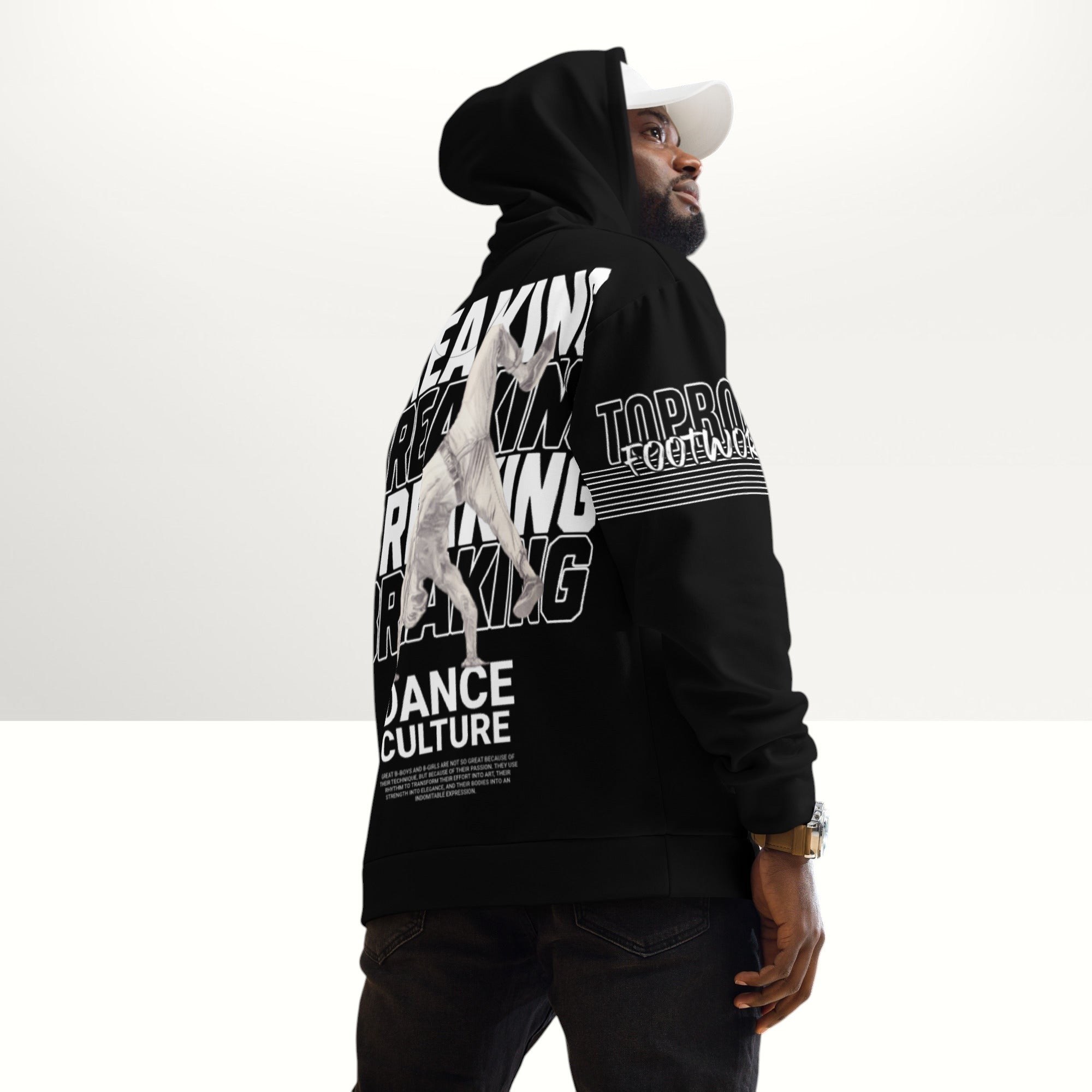 MONROE STORE black unisex bboy hoodie with a vibrant print of a dancer and text "BREAKIN" "DANCE CULTURE".