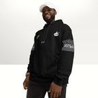 MONROE STORE black unisex bboy hoodie with white graphic print on chest and sleeves, featuring a double-lined hood and drawstrings.