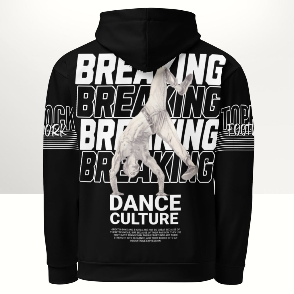 MONROE STORE black unisex bboy hoodie with a vibrant 'Breaking Dance Culture' print and brushed fleece inside.