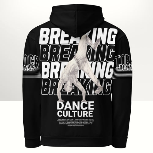 MONROE STORE black unisex bboy hoodie with a vibrant 'Breaking Dance Culture' print and brushed fleece inside.