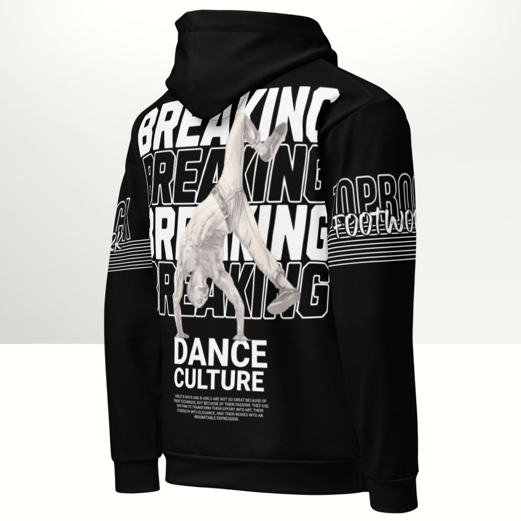 MONROE STORE black unisex bboy hoodie with a vibrant print of a breakdancer and text "BREAKING DANCE CULTURE".