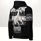 MONROE STORE black unisex bboy hoodie with a vibrant print of a breakdancer and text "BREAKING DANCE CULTURE".
