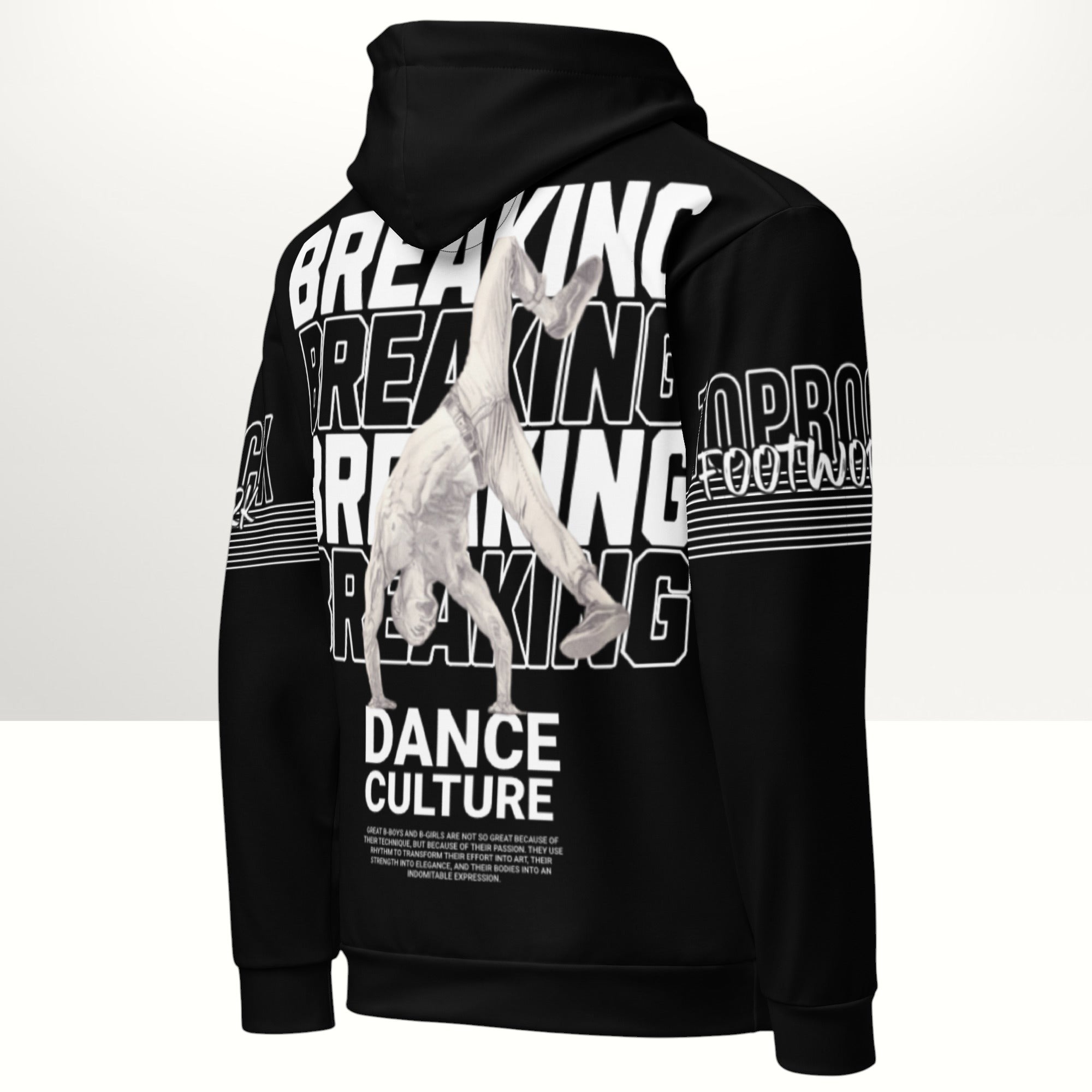 MONROE STORE black unisex bboy hoodie with a vibrant print of a breakdancer and text "BREAKING DANCE CULTURE".