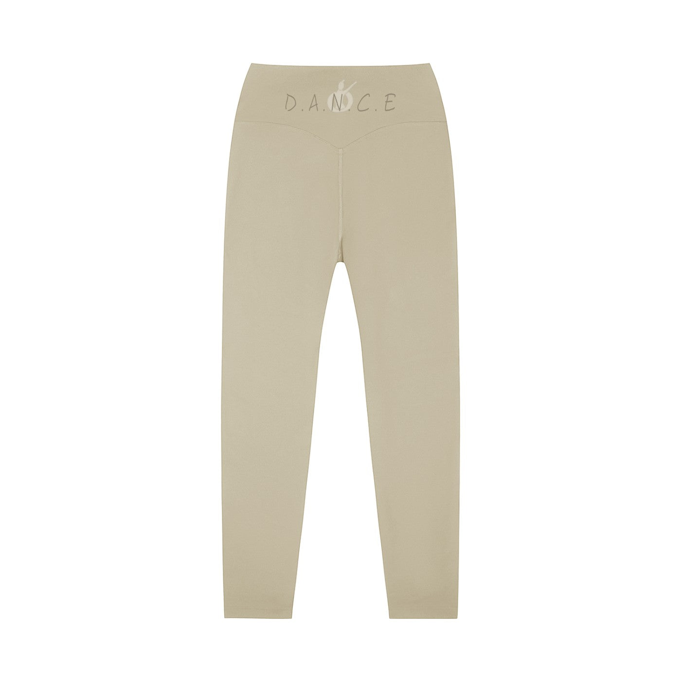 MONROE STORE high-waisted beige yoga leggings with a V-shaped waistband and subtle 'D.A.N.C.E.' logo.