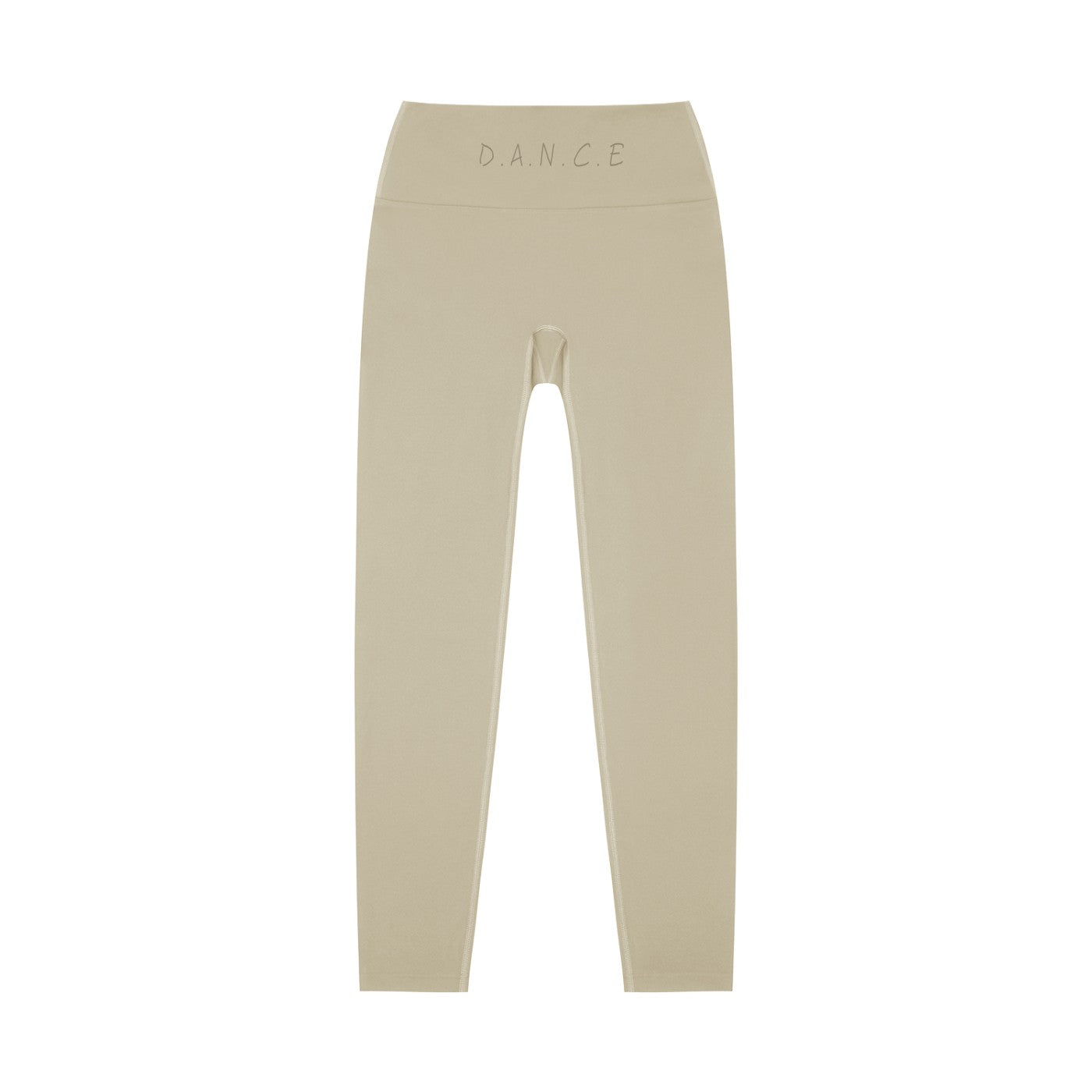 MONROE STORE high-waisted beige yoga leggings with D.A.N.C.E. logo on waistband, made from a stretchy fabric.