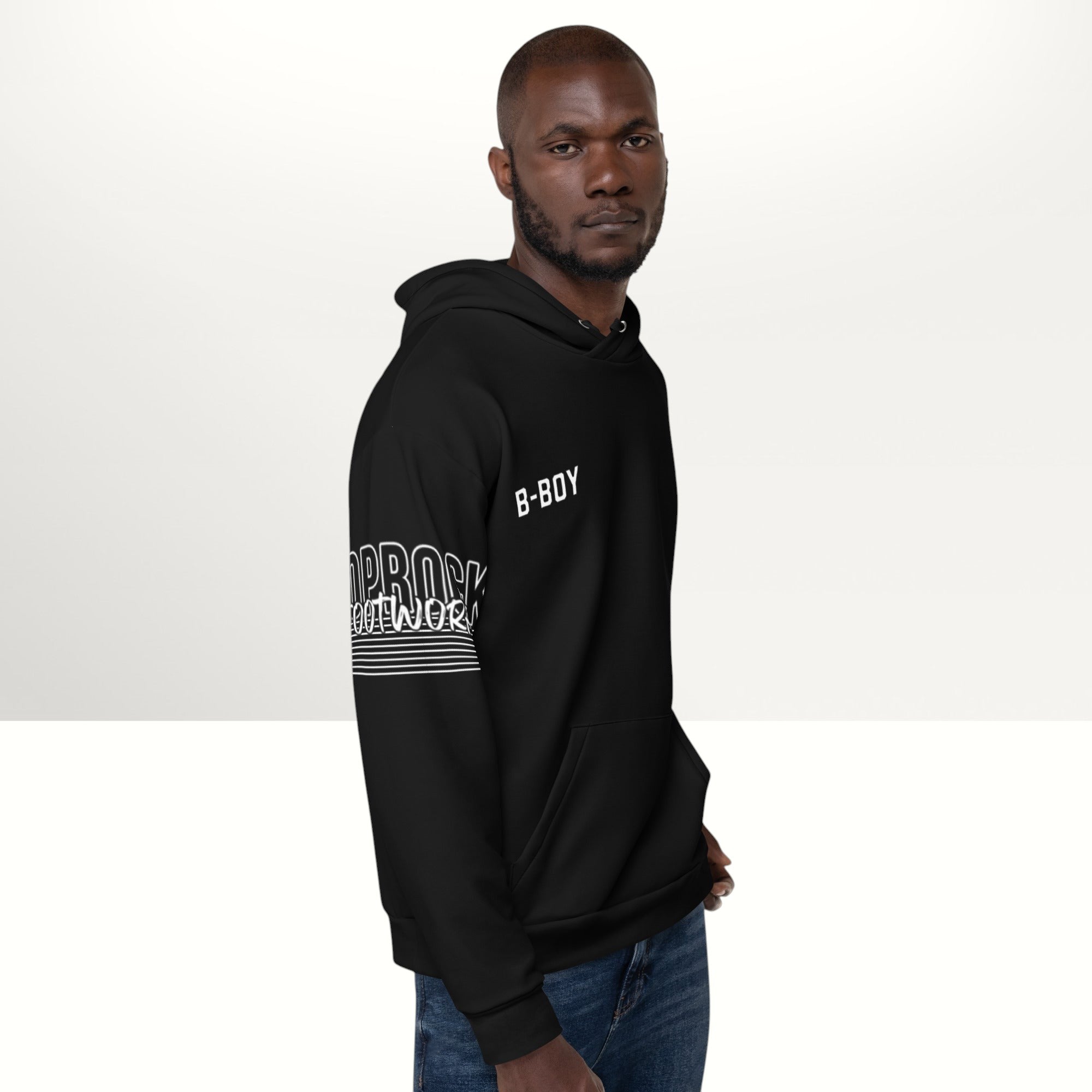 MONROE STORE black unisex b-boy graphic hoodie with brushed fleece inside and relaxed fit.