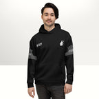 MONROE STORE black unisex b-boy hoodie with white graphic print on chest and sleeves, featuring a drawstring hood and front pocket.