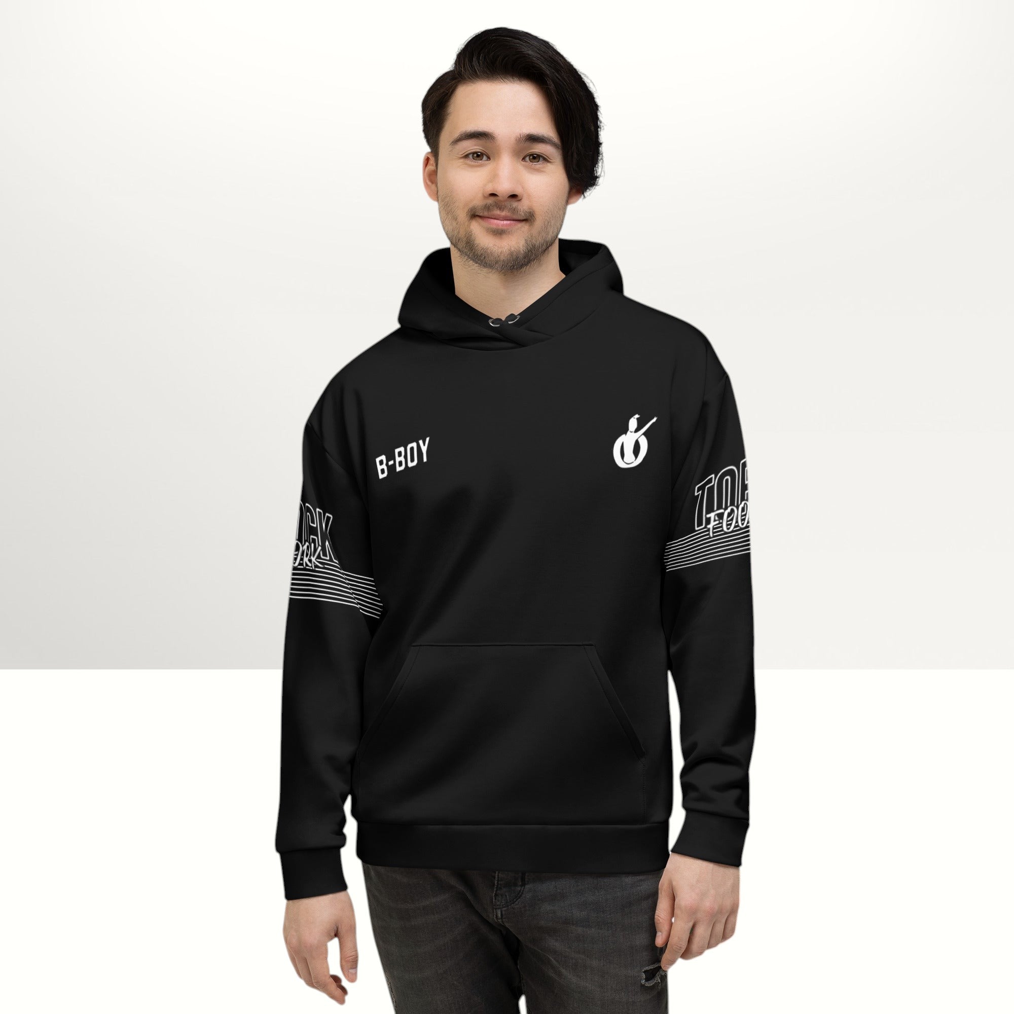 MONROE STORE black unisex b-boy hoodie with white graphic print on chest and sleeves, featuring a drawstring hood and front pocket.