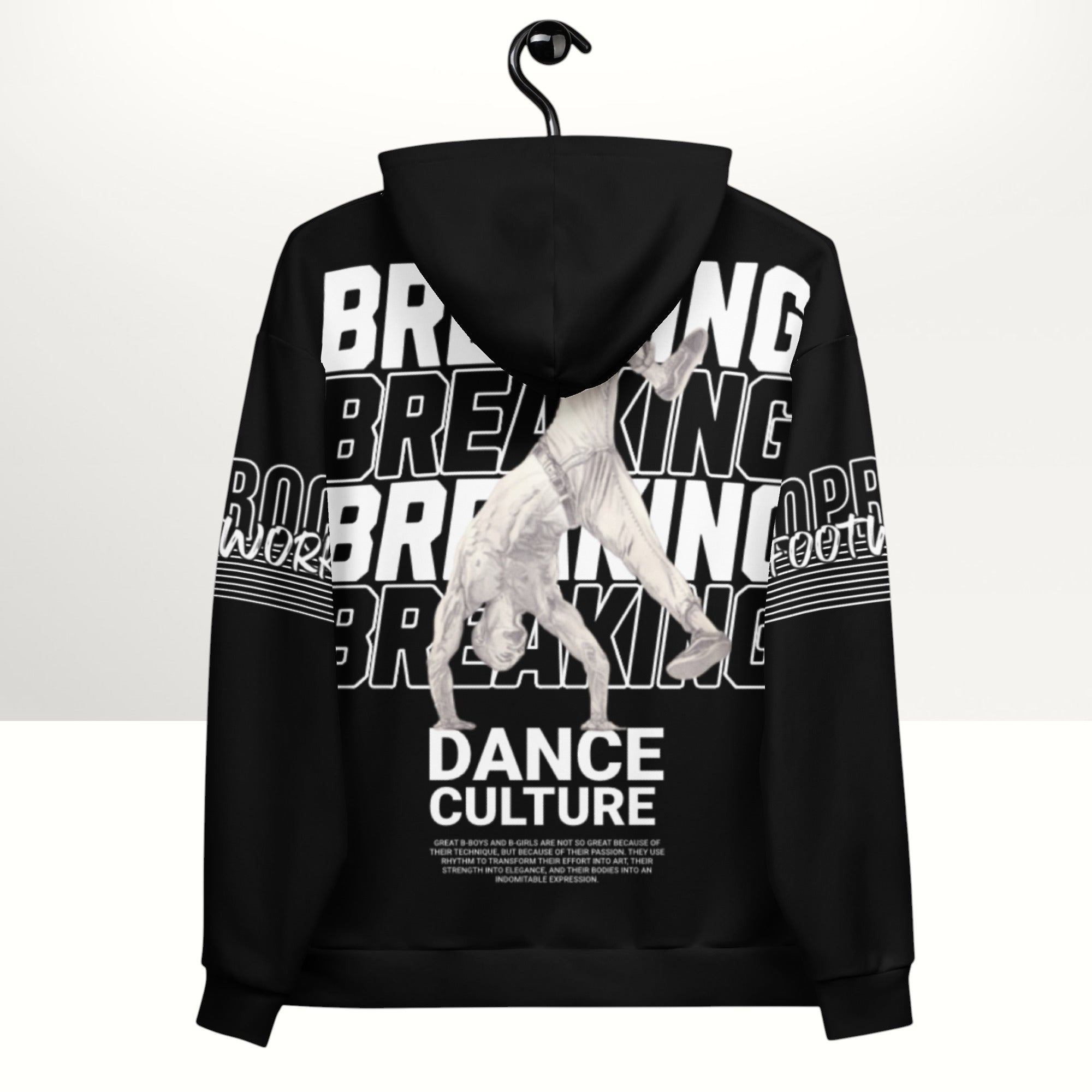 MONROE STORE black unisex hoodie with a vibrant 'Breaking Dance Culture' print featuring a b-boy mid-move. Made from soft polyester and cotton blend.