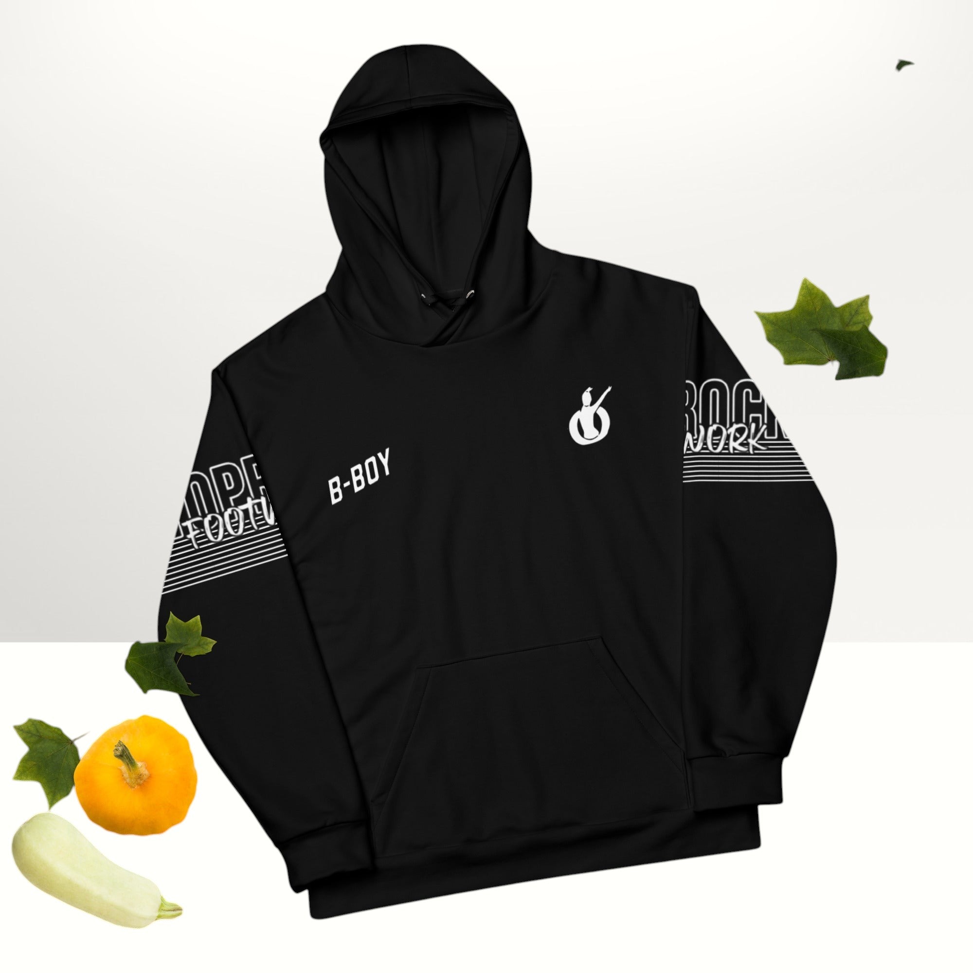 MONROE STORE black unisex b-boy graphic hoodie with fleece lining and drawstring hood.