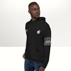 MONROE STORE black unisex bboy hoodie with white graphic print on chest and sleeve, featuring a soft exterior and brushed fleece interior.