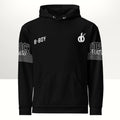 MONROE STORE black unisex b-boy hoodie with white "ROCK WORK" and "TOP FOOT" graphics on sleeves.