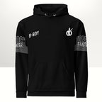 MONROE STORE black unisex b-boy hoodie with white "ROCK WORK" and "TOP FOOT" graphics on sleeves.