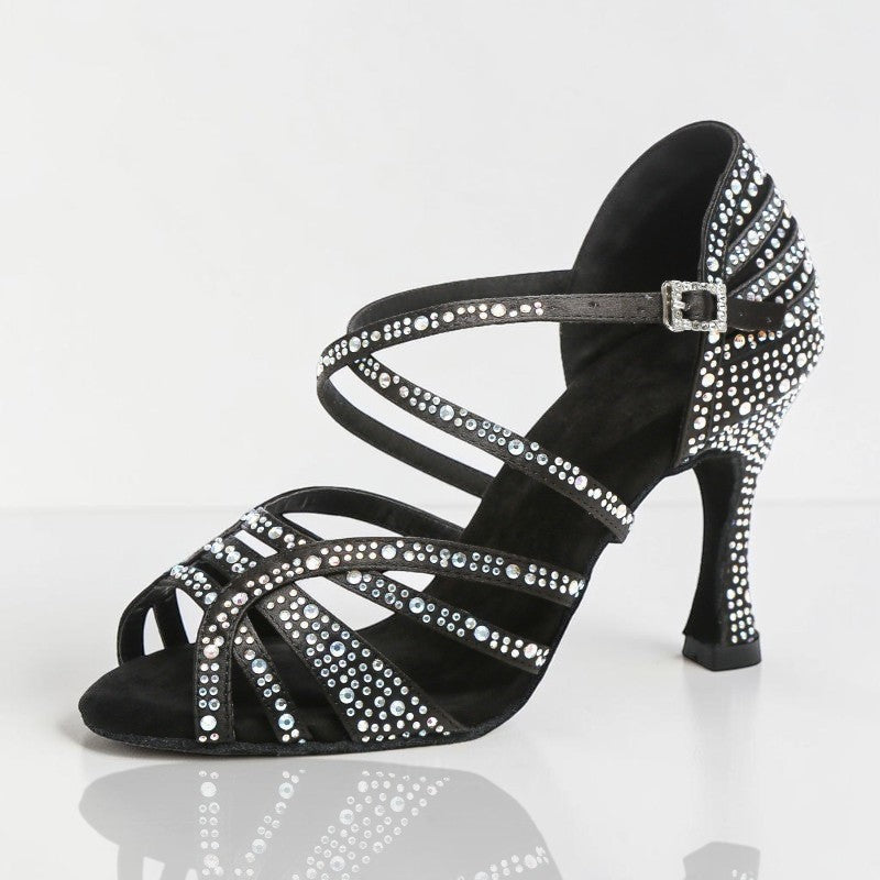 MONROE STORE black ballroom dance heels with crystal-embellished strappy design and secure ankle buckle closure