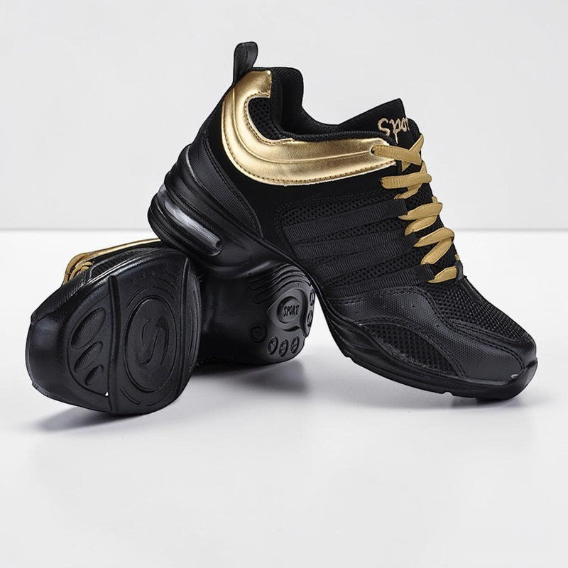 MONROE STORE black and gold mesh square dance shoes with PU soles and lace-up closure