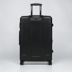Vista frontal de maleta negra con mango extensible y ruedas, con diseño de gatos en tonos grises y blancos, perfecta para bailar y viajar.