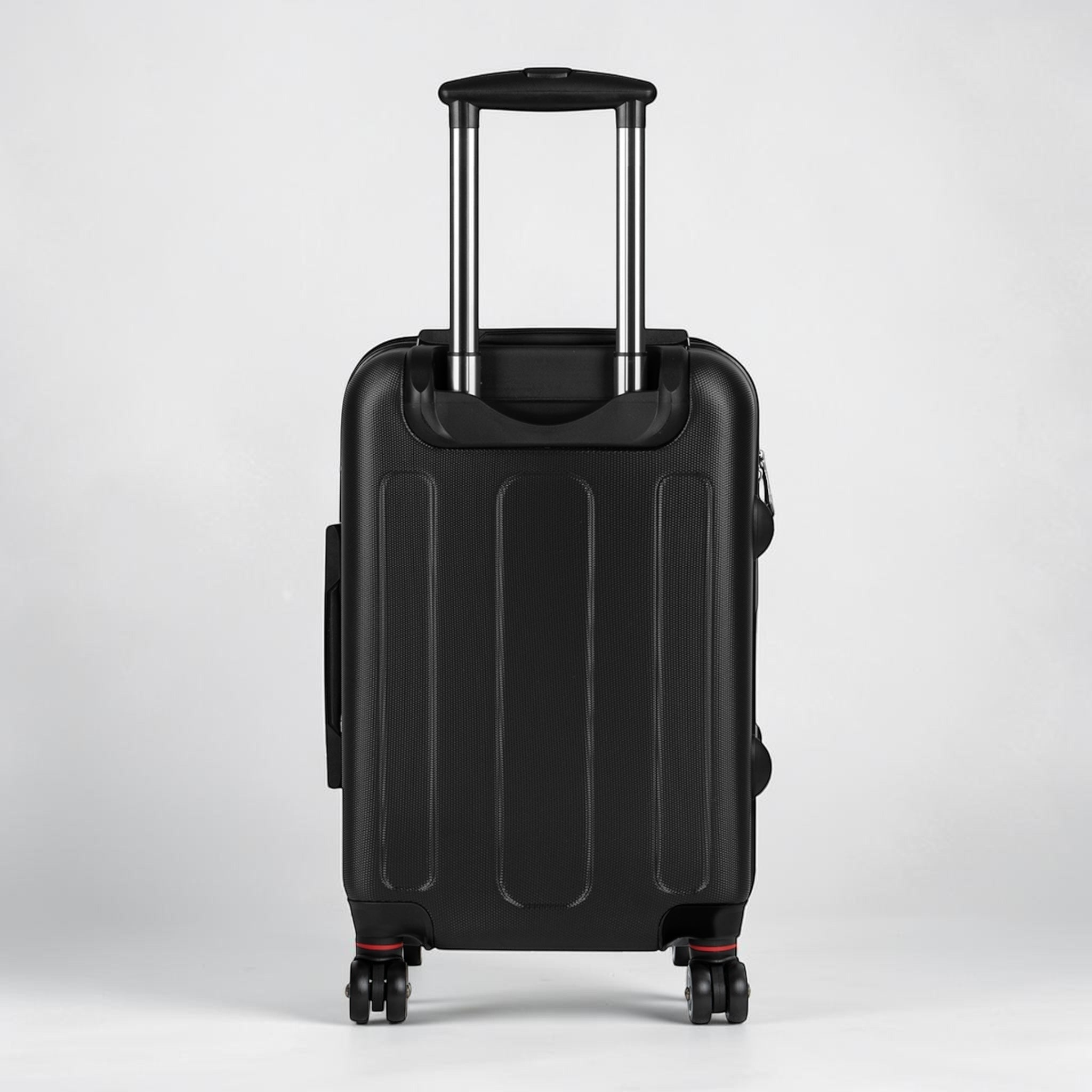 Mango telescópico de maleta de viaje negra con ruedas, resistente y ajustable para facilitar el transporte, estilo moderno y funcional.