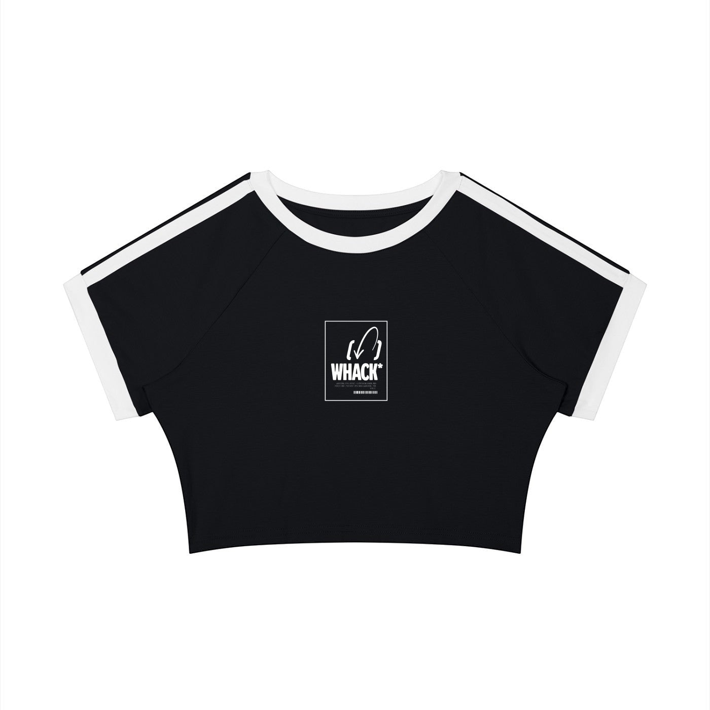 MONROE STORE black and white raglan crop t-shirt with short sleeves, round neck, and graphic print on the chest.