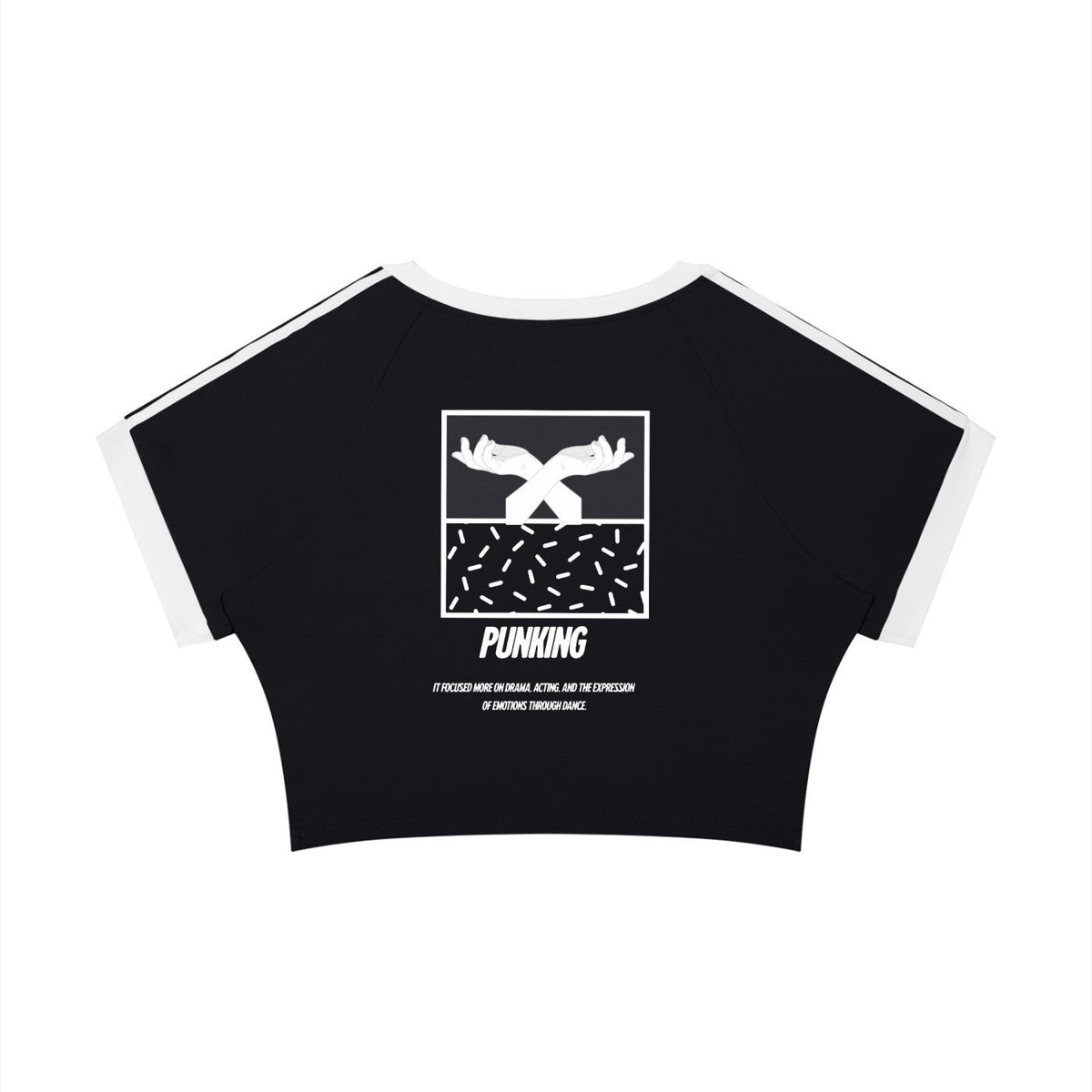 MONROE STORE black raglan crop t-shirt with white trim and a graphic print of hands and the text PUNKING on the back.