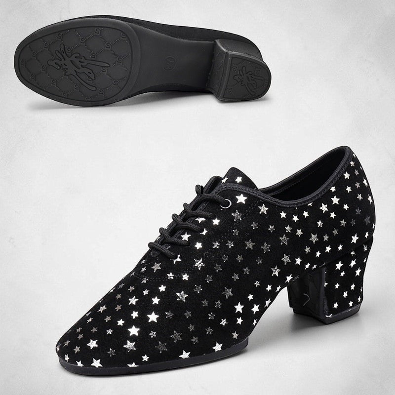 MONROE STORE black suede Latin dance shoes with silver starry sky pattern and straight heel for women