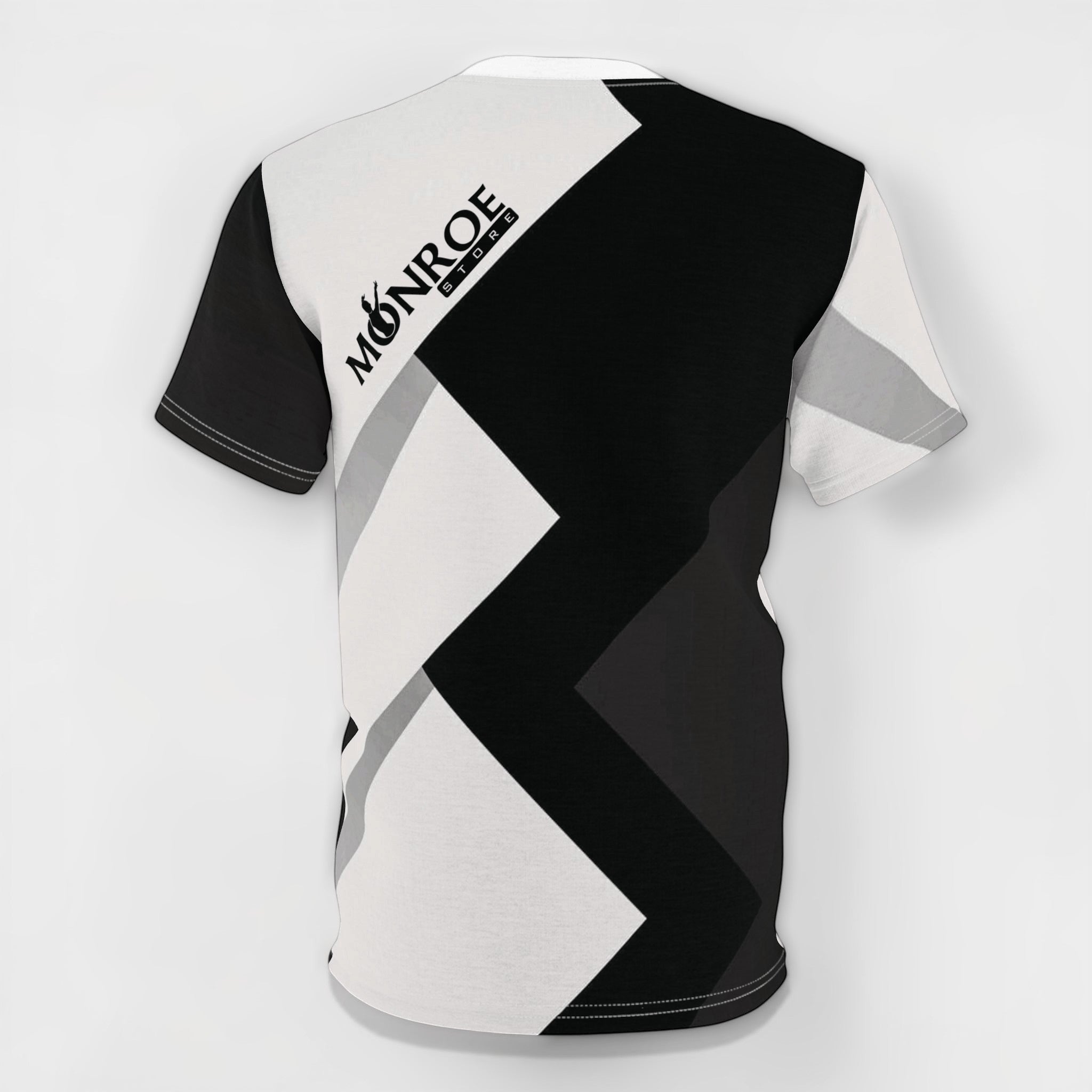 MONROE STORE Waacking Queen Cut & Sew Tee, black and white geometric pattern, 100% polyester, short sleeves, crew neck.