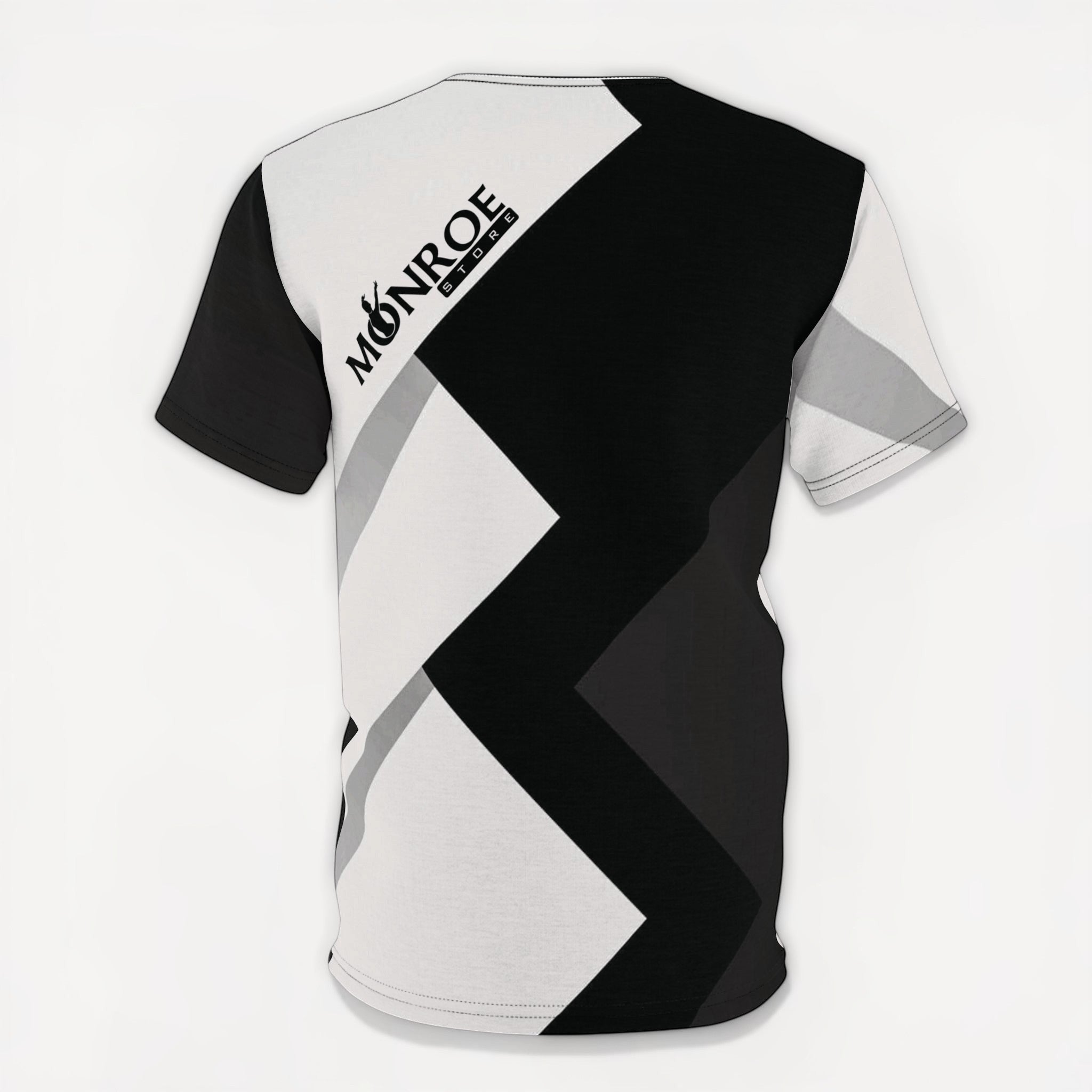 MONROE STORE Waacking Queen Cut & Sew Tee, black and white geometric pattern, 100% polyester, short sleeves, crew neck.