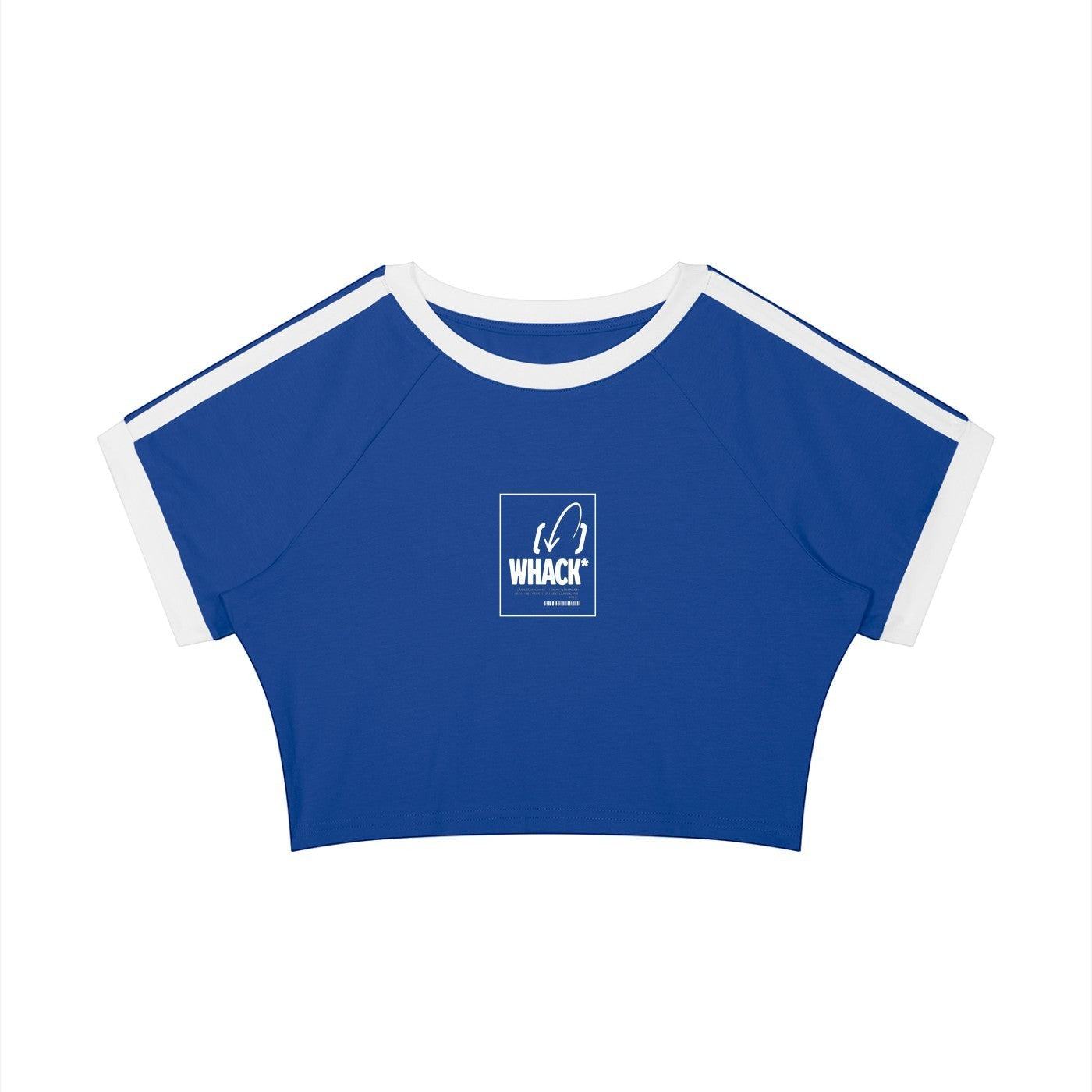 MONROE STORE blue raglan crop t-shirt with white trim, short sleeves, and a central graphic print.