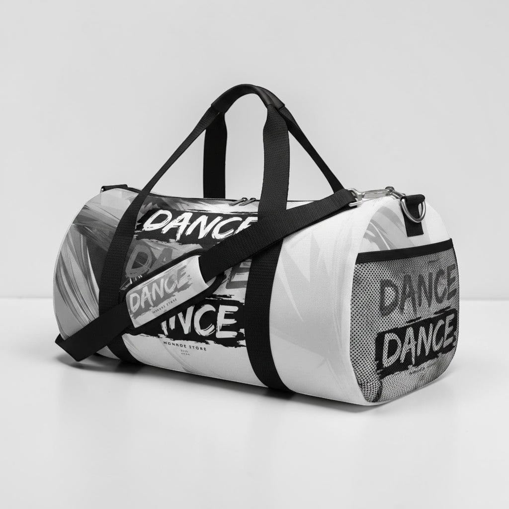 MONROE STORE bolsa de gimnasio negra y blanca con estampado "DANCE", cierre de cremallera doble y correa ajustable.
