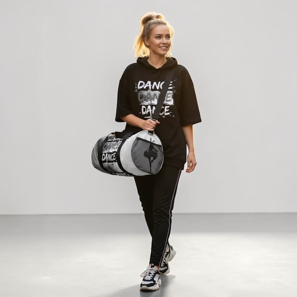 MONROE STORE bolsa de gimnasio negra y blanca con estampado "DANCE" y silueta de bailarina, cierre de cremallera doble, correa ajustable.