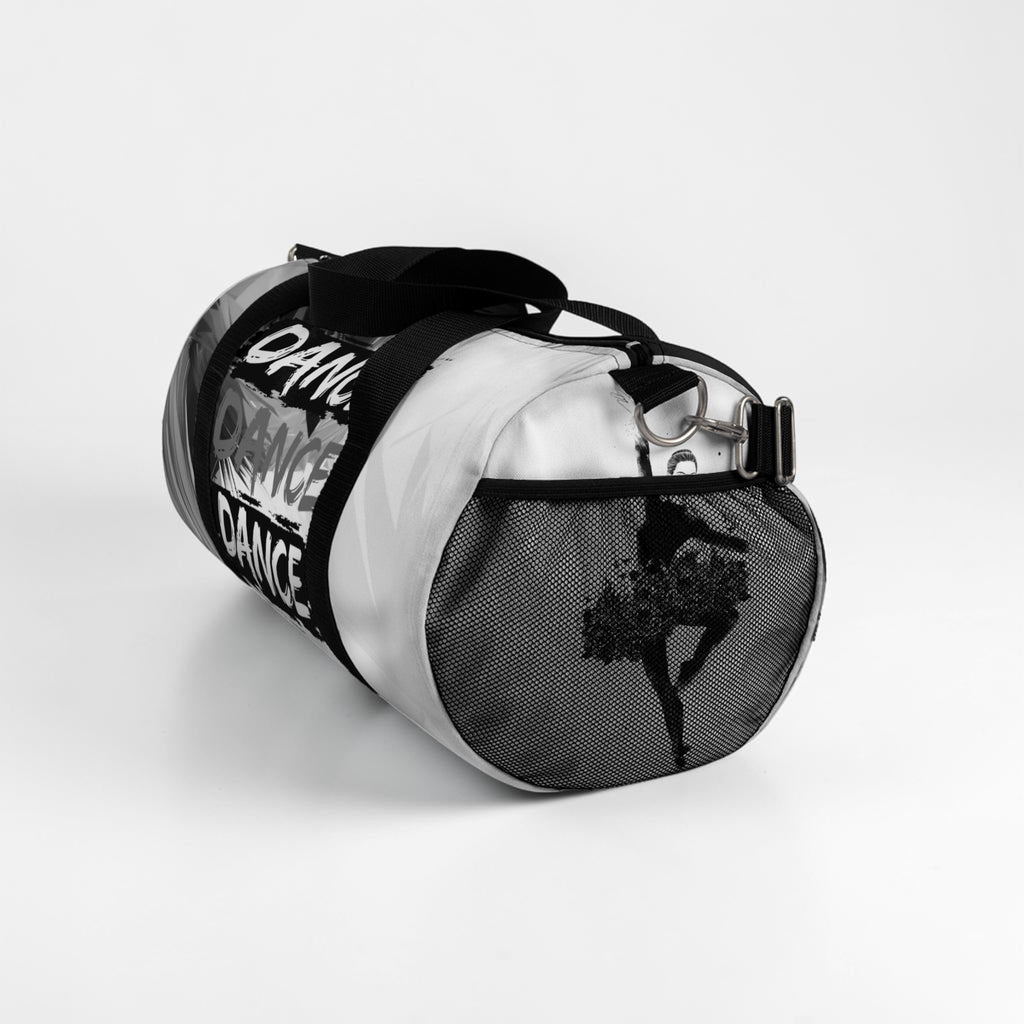 MONROE STORE bolsa de gimnasio negra y blanca con estampado de "DANCE" y silueta de bailarina, cierre de cremallera doble y correa ajustable.
