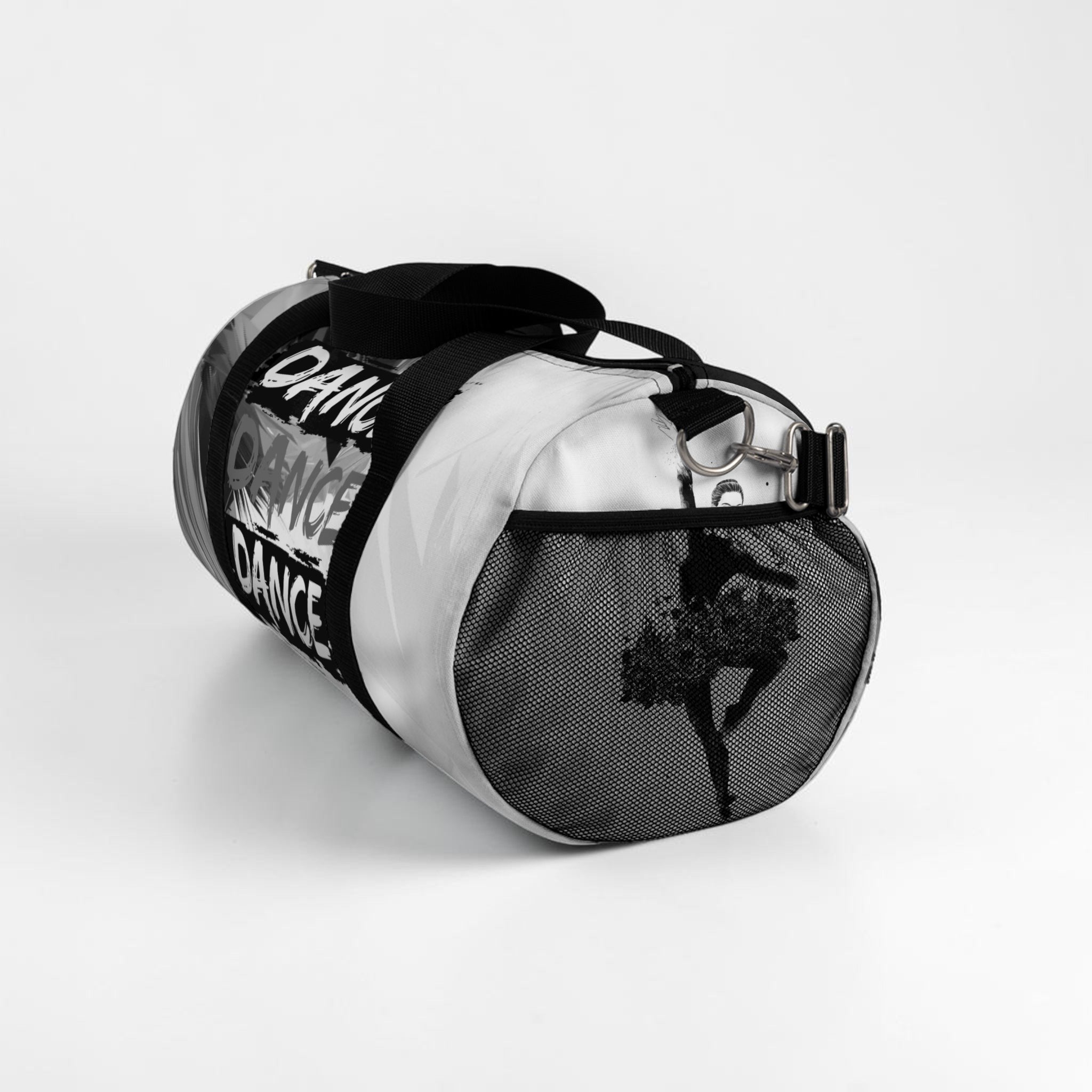 MONROE STORE bolsa de gimnasio negra y blanca con estampado de "DANCE" y silueta de bailarina, cierre de cremallera doble y correa ajustable.