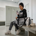 MONROE STORE bolsa de gimnasio blanca y negra con estampado "DANCE", compartimentos múltiples y correa ajustable. Ideal para bailarines.