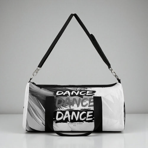 MONROE STORE bolsa de deporte blanca y negra con estampado abstracto y la palabra "DANCE" repetida. Ideal para gimnasio o danza.