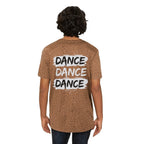 Monroe Store men's brown graphic tee with leopard print and white 'DANCE' text on back. Cotton-poly blend.