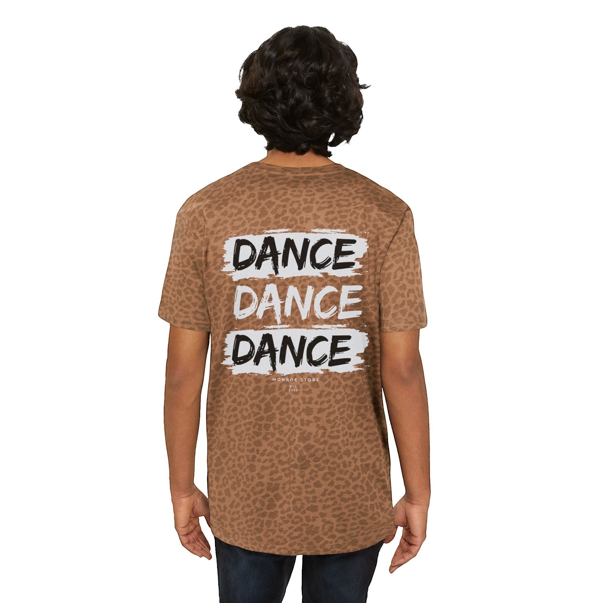 Monroe Store men's brown graphic tee with leopard print and white 'DANCE' text on back. Cotton-poly blend.