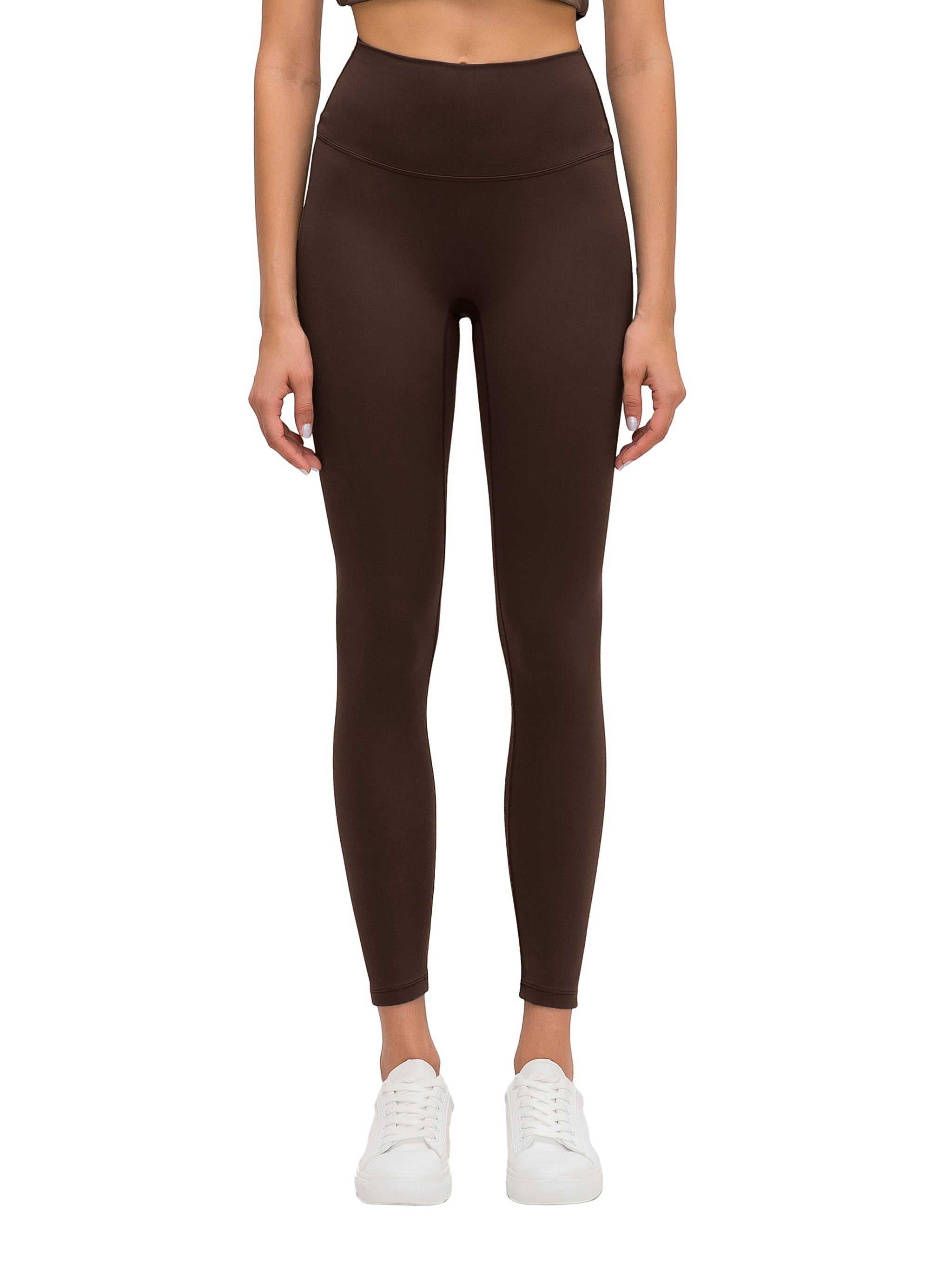 MONROE STORE dark brown high-waisted skinny yoga leggings with a seamless waistband.