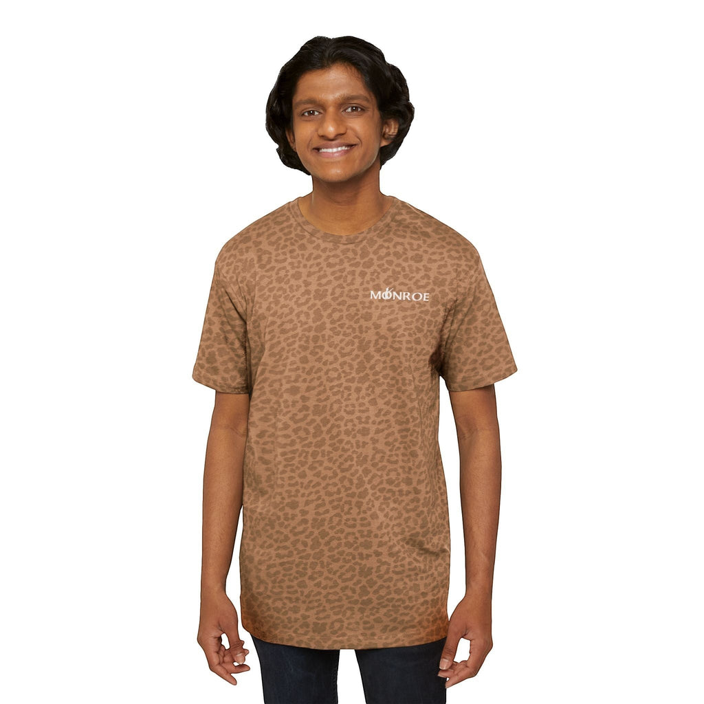 MONROE STORE men's brown leopard print graphic tee, short sleeves, crew neck, made of cotton polyester blend.