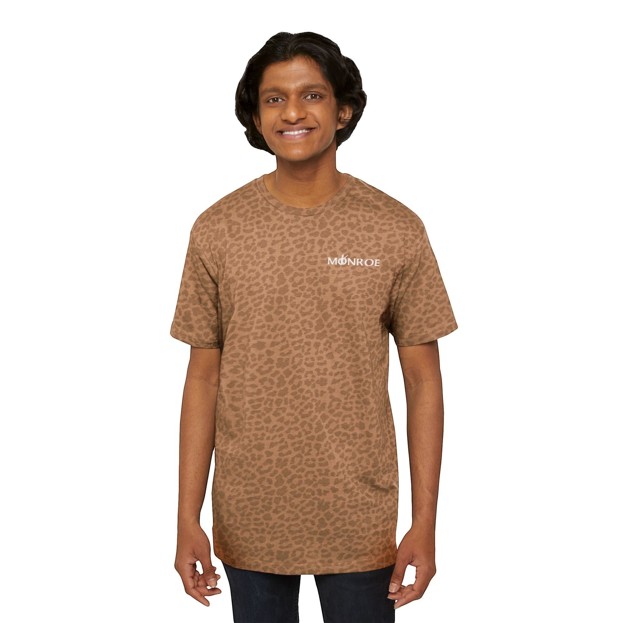 MONROE STORE men's brown leopard print graphic tee, short sleeves, crew neck, made of cotton polyester blend.