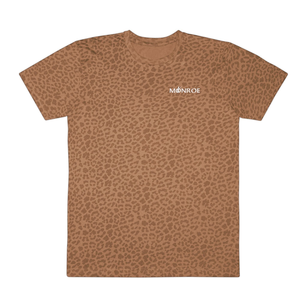 MONROE STORE men's brown leopard print graphic tee, short sleeves, crew neck, 60% cotton, 40% polyester.