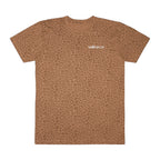 MONROE STORE men's brown leopard print graphic tee, short sleeves, crew neck, 60% cotton, 40% polyester.